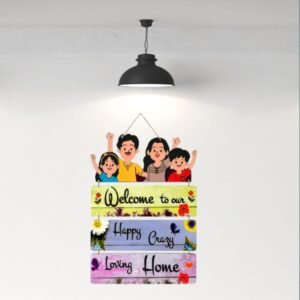 Home Wooden "Happy Crazy Loving Home" Family Welcome Sign | 3-Tier Wall Hanging for Entrance & Living Room | Cute Cartoon Home Decor (10 x 16 Inch)