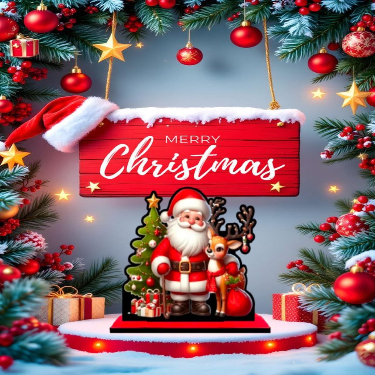 Santa-Claus-Reindeer-Christmas-Tree-Tabletop-Decoration charming santa claus & reindeer tabletop christmas decor