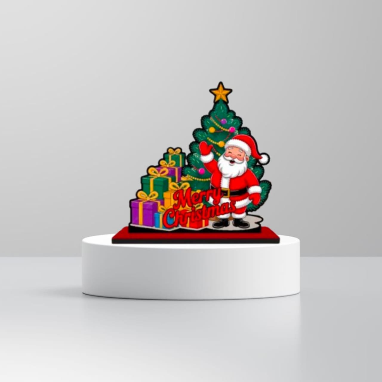 Merry-Christmas-Santa-Claus-Tabletop-Standee.jpg Merry Christmas Santa Claus wooden tabletop decoration with gifts and tree