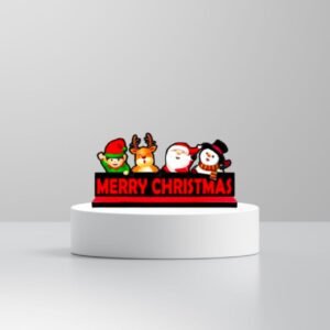 Merry Christmas tabletop sign with cute Santa, Snowman, Elf and Reindeer cartoon characters on a red and black base.
