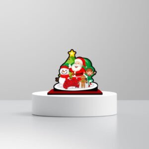 Merry Christmas tabletop decoration with Santa Claus and Snowman characters.