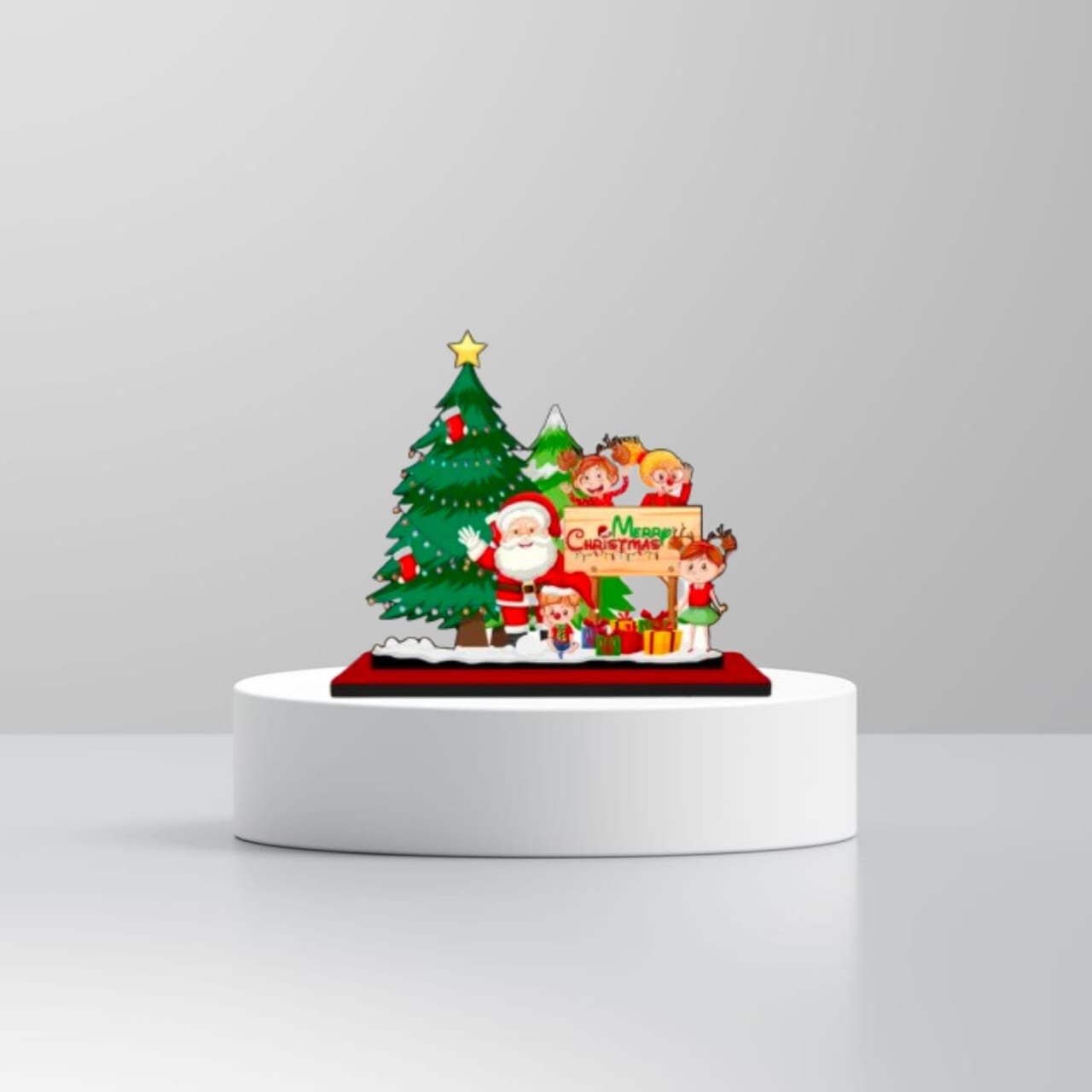 Small-Christmas-Desk-Accessory-Standee.jpg 5.5 cm Santa Claus and Christmas tree standee isolated on a white background for size reference.