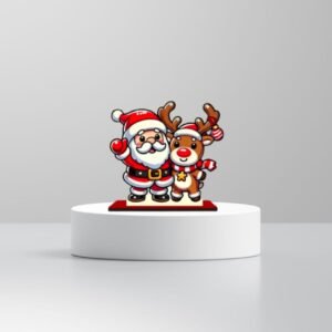 Cute Santa Claus and Reindeer wooden standee for Christmas decoration on white background.