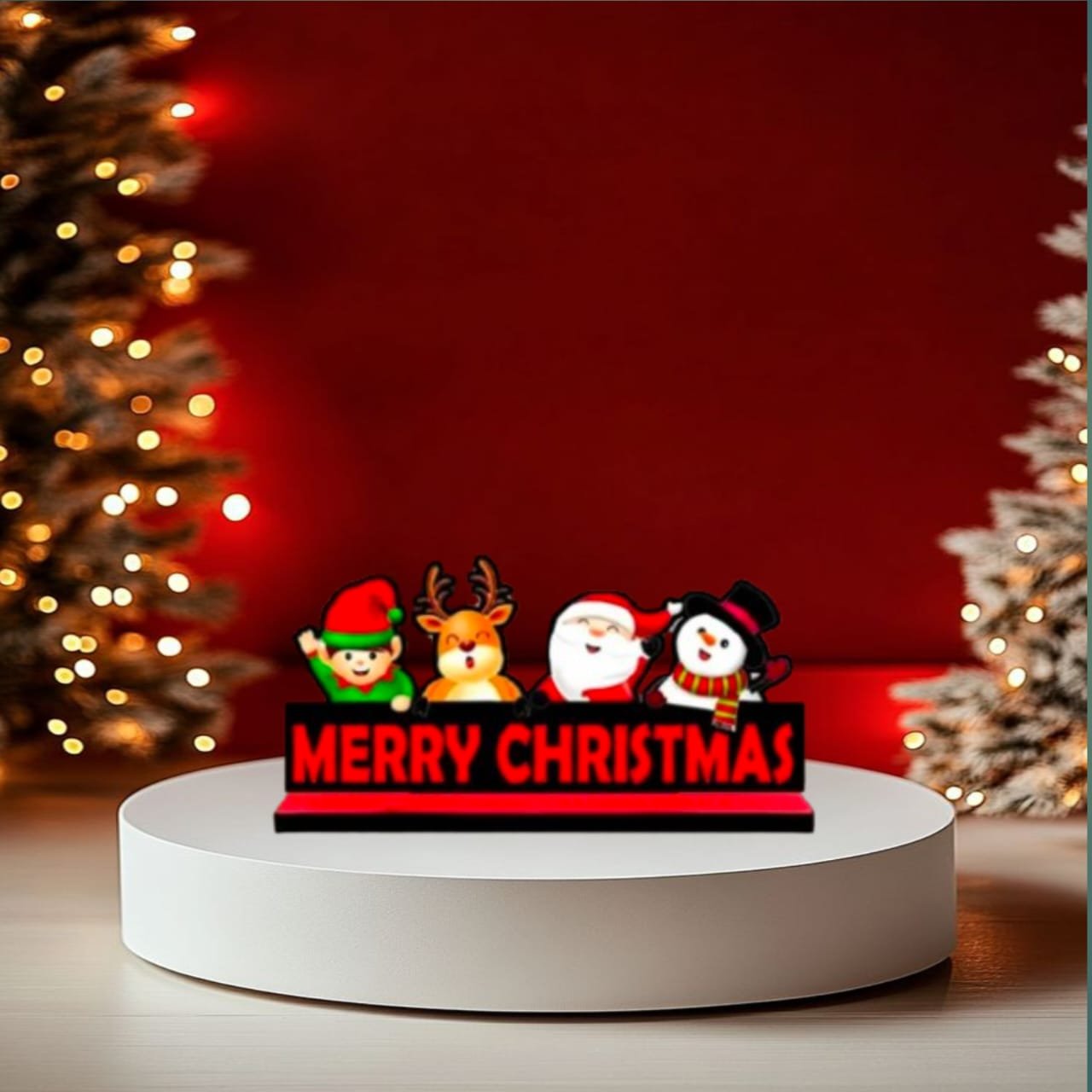 merry-christmas-tabletop-decoration-santa-reindeer-standee.jpg Merry Christmas tabletop sign with cute Santa, Snowman, Elf and Reindeer cartoon characters on a red and black base.
