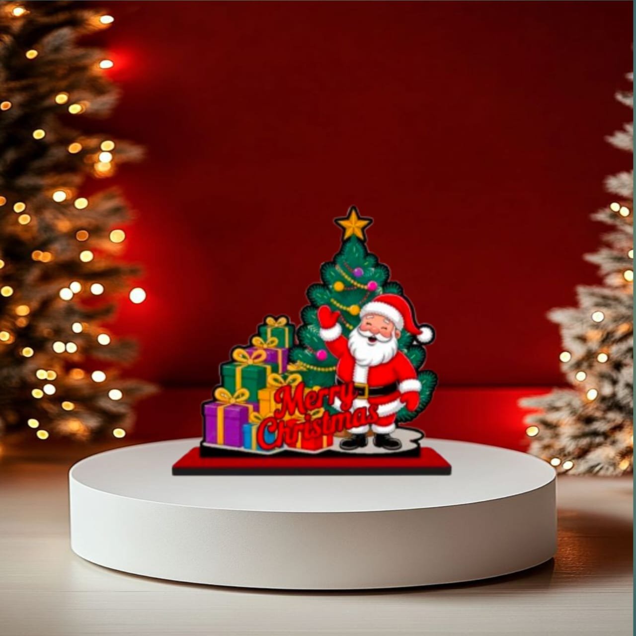 Christmas-Santa-Decor-Lifestyle-Red-Background.jpg Festive Santa Claus decor placed on a podium with Christmas trees in background.