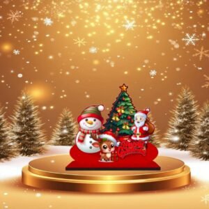 3D Christmas tabletop decoration featuring Santa Claus, Snowman, and Reindeer on a gold podium.