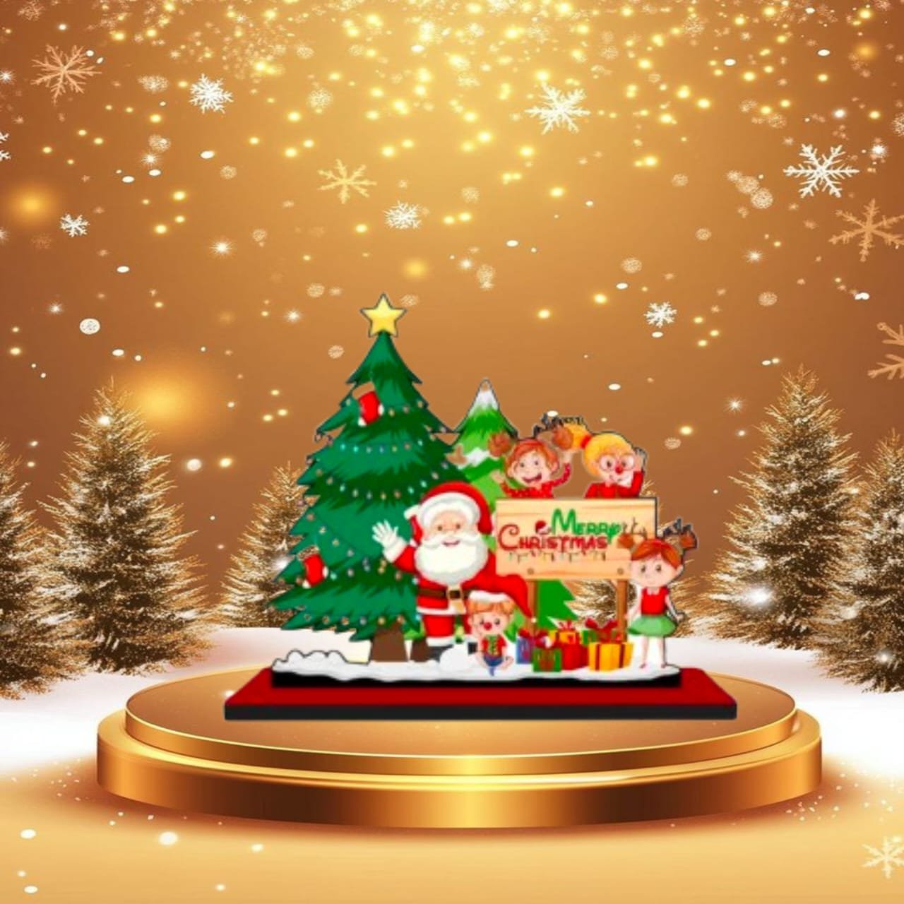 Festive-Christmas-Decoration-Gift-Item.jpg Christmas decoration showpiece displayed on a golden podium with snowflake background.
