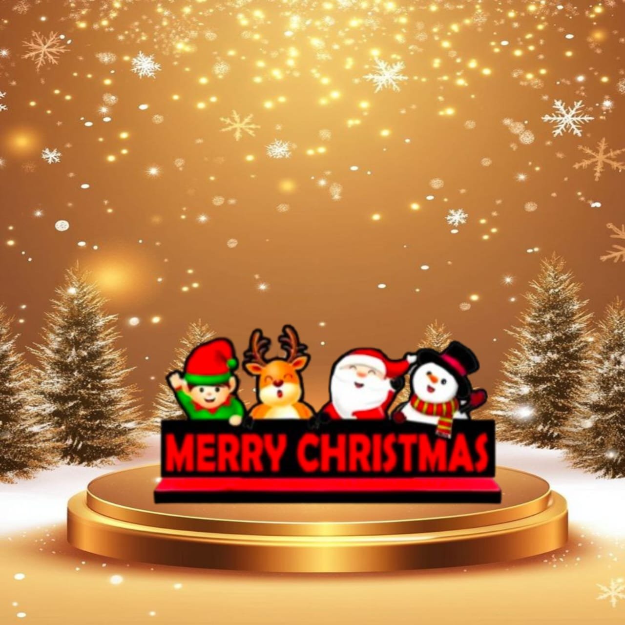 merry-christmas-tabletop-decoration-santa-reindeer-standee.jpg Merry Christmas tabletop sign with cute Santa, Snowman, Elf and Reindeer cartoon characters on a red and black base.