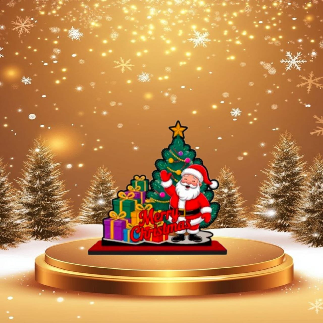 Santa-Claus-Gift-Standee-Golden-Theme.jpg Santa Claus decoration piece on golden podium with snow effect.