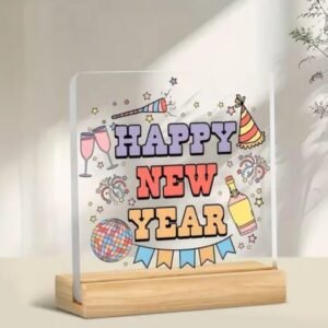 happy new year acrylic plaque – 5 inch decorative desktop wooden stand