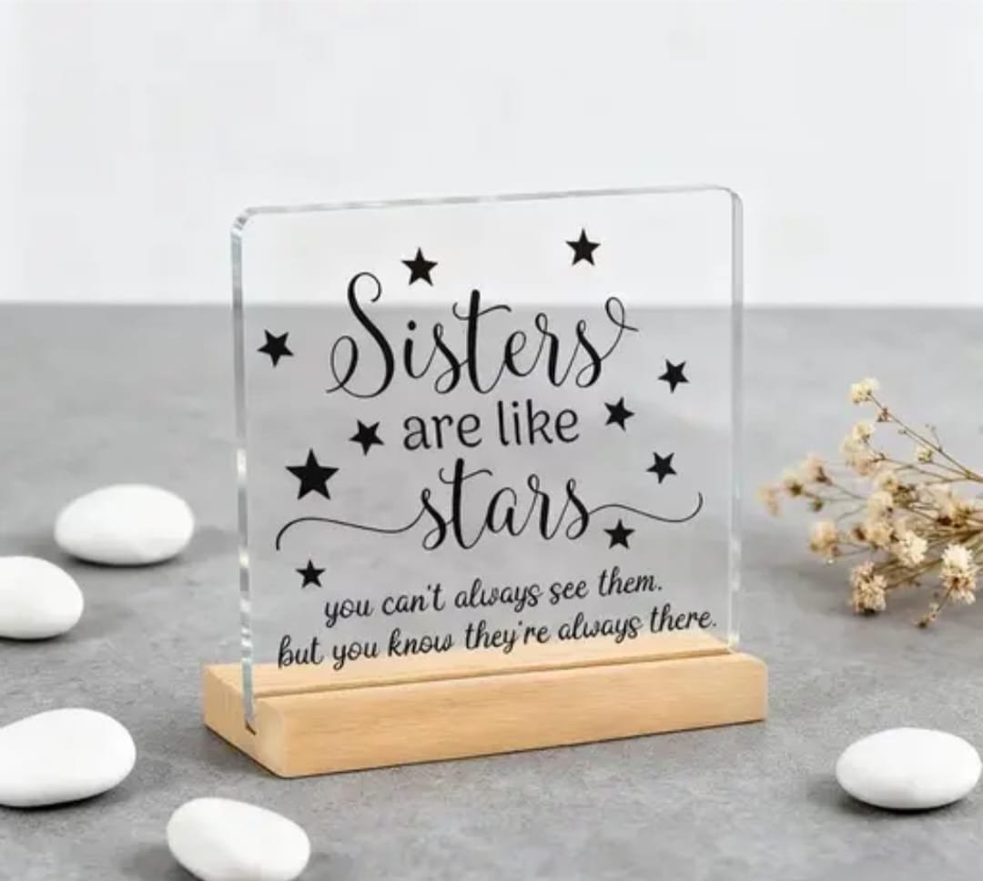 Sisters Are Like Stars Gift Front Sisters Are Like Stars Gift plaque on wooden stand front view.