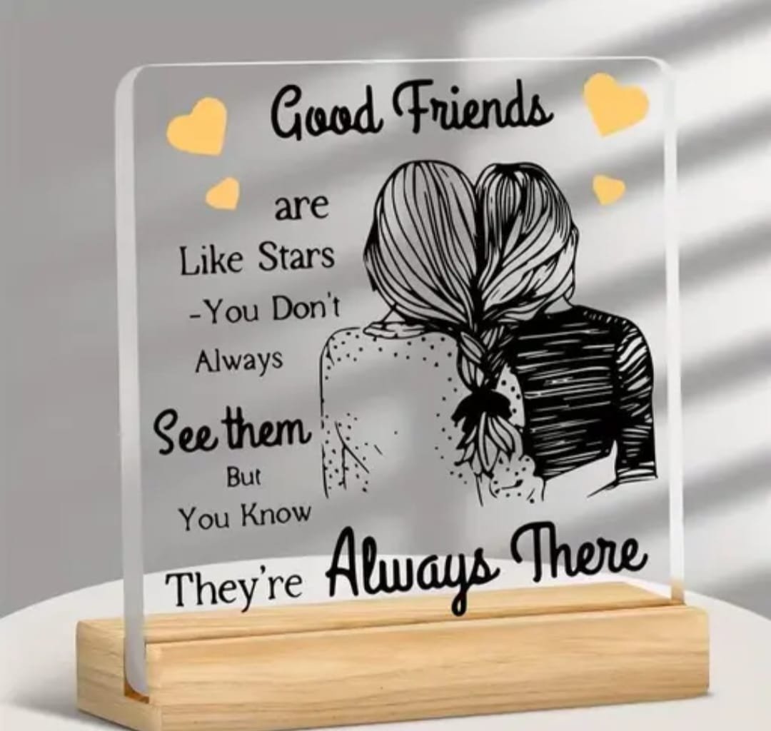 Best-Friend-Quote-Plaque-Front-View-PVC Best Friend Quote Plaque on wooden stand displaying Good Friends are Like Stars quote.