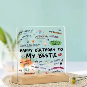 Happy Birthday Bestie Gift Plaque with colorful doodles and quotes like Keeper of Secrets.