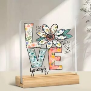Love Yourself Aesthetic Desk Decor with floral design on wooden stand.